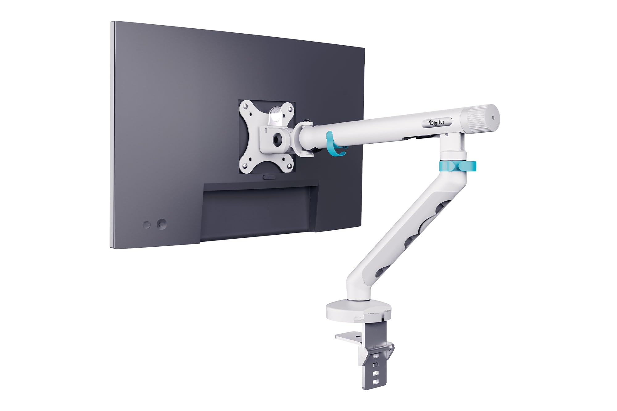 DIGITUS Supporto per monitor – un monitor – fino a 35 pollici – molla meccanica – carico massimo 10 kg – per schermi piatti e curvi – VESA 75x75, 100x100 – morsetto da tavolo – serie Design – bianco