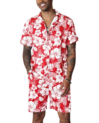 Fastkoala Homem havaianos fatos de treino conjunto conjuntos de fatos de verão fato de treino praia tropicais flores estampado, Vermelho