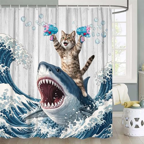 Image of Funny Cat Shower Curtain, Fun Cat Riding Hilarious Shark Surfing Ocean Waves Shower Curtains for Bathroom Whale Cool Blue Bath Curtain Waterproof Fabric with 12 Hooks 72x72 Inch