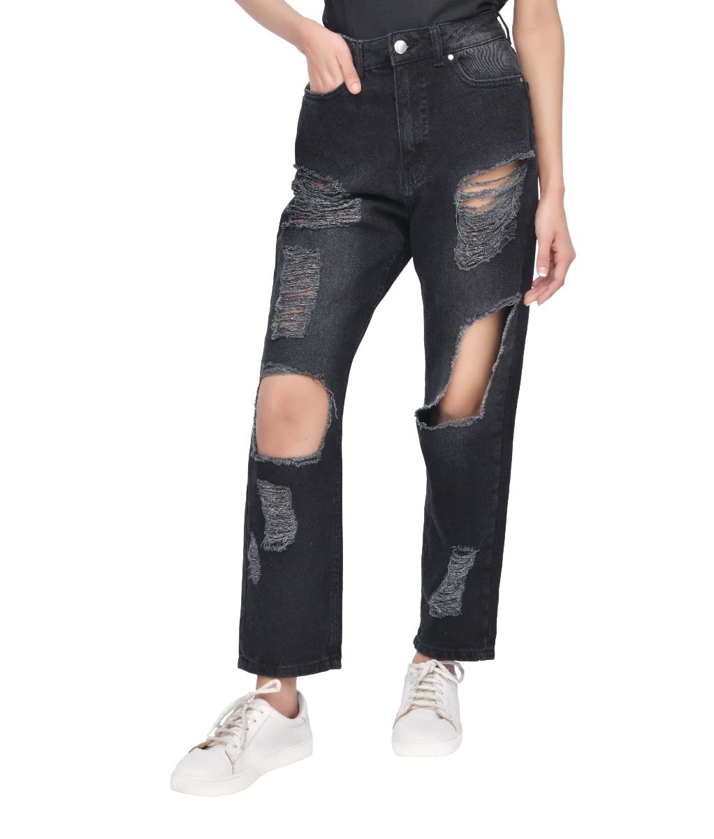 M17 Womens Ladies Denim Multi Rip Mom Jean High Waisted Classic Casual Cotton Trouser Pants with Pockets (14, Black)