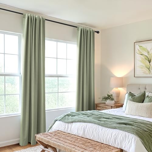 Image of 100% Blackout Shield Linen Blackout Curtains for Bedroom 84 Inches Long, Back Tab /Rod Pocket Living Room Drapes, Thermal Insulated Blackout Curtains 2 Panels Set, 50 inch W x 84 inch L, Sage