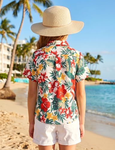 Image of Noomelfish Girls Tie Front Hawaiian Shirt Summer Floral Tropic Short Sleeve Button Down Tops (5-14 Years)