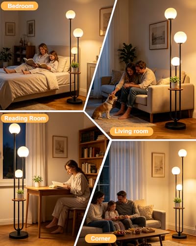 Image of Lightdot LED Floor Lamp Dimmable Globe Floor Lamps with Shelf Mid Century Modern Black Standing Lamp Candle Holder Style Soft Eye-Caring for Bedroom Living Room /Bedroom /Sofa Beside /Corner Decor