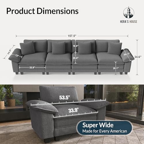 Image of HERA'S HOUSE 158 inch Oversized Modular Sectional Straight Sofa, Corduroy Grey | 4-Seater Living Room Couches, Wider Armrest and Deep Seat, Comfy Cloud Couch with Ottoman, Wood Sturdy Frame