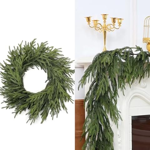 24" Real Touch Norfolk Pine Wreath & 9ft Norfolk Pine Garland for Table Fireplace Mantle Window Christmas Decoration Cover