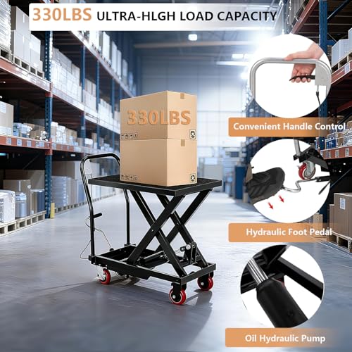 Image of GarveeTech Hydraulic Lift Table Cart, 330 LBS Load Capacity 28.5 in Lifting Height, Manual Single Scissor Lift Table with Non-Slip Pad and 4 Wheels,Hydraulic Scissor Cart
