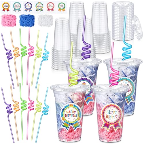 Qinyoung 24 Set Creative Happy Birthday Gifts from Teacher Students Birthday Cups with Lids Colorful Straws Stickers and Raffia Disposable Plastic Cups for Reward Kids Prize Classroom Party Supplies