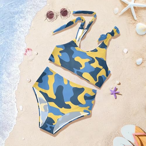 Girls' Bikini Set, Blue and Yellow Camouflage Pattern Kids Swimsuit 2 Pcs Beach Bathing Suit4