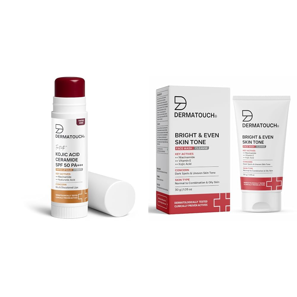 DERMATOUCH Kojic Acid Ceramide SPF 50 PA+++ Tinted Wine Lip Balm - 5g & Bright & Even Tone Face Wash with Niacinamide, Vitamin E and Kojic Acid 30g-image-42
