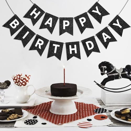Image of Hooqict Black Happy Birthday Banner Sign for Backdrop Black Birthday Decorations for Men Women Party Supplies Wall Door Banner Garland Bunting Flag