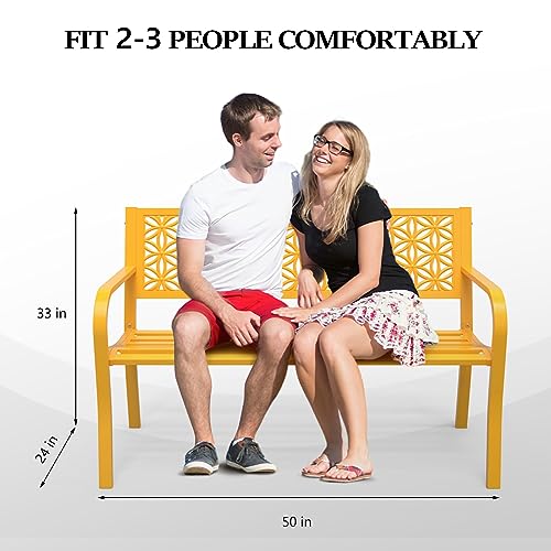 Image of VINGLI 50 inch Outdoor Bench Metal with Floral Back, Garden Bench Front Porch Bench for Yard Patio Entryway Park Outside, 800lb Capacity - Yellow
