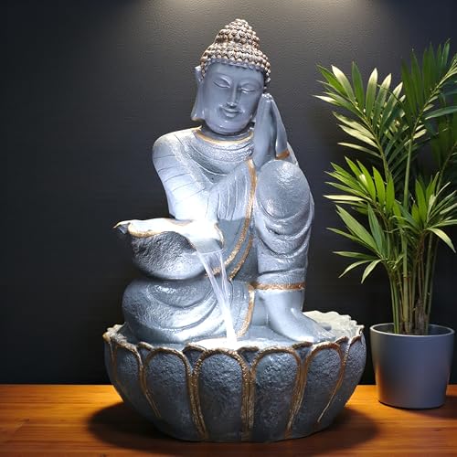 Image of 3 Feet Namaste Buddha Water Fountain for Home & Garden|Fiber Buddha Fountain with LED Light|Indoor Outdoor Fountain for Vastu & Positivity (Unique Grey, 3 Feet Namaste Buddha Fountain)