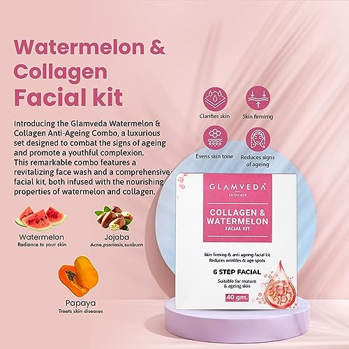 Image of Glamveda Watermelon & Collagen Anti Ageing Combo For Delay's ageing ( Facial Kit + Peel Off Mask )