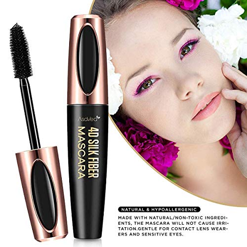 AsaVea 4D Silk Fiber Lash Mascara Waterproof, Luxuriously Longer, Thicker, Voluminous Eyelashes, Long-Lasting, All Day Exquisitely Lush, Full, Long, Thick, Smudge-Proof Eyelashes (Black)