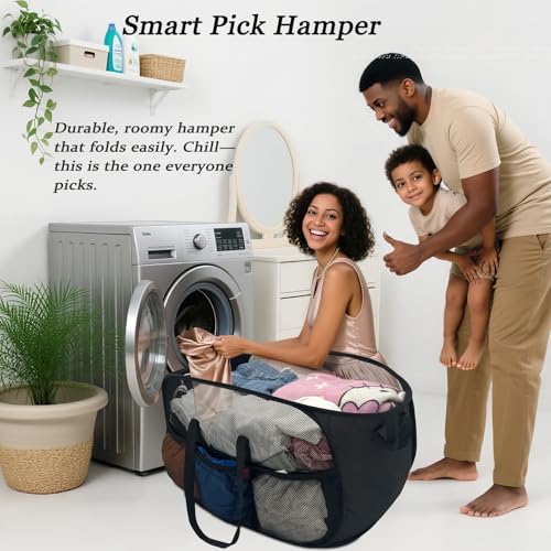 Image of Upgraded Cationic XL Collapsible Laundry Baskets, 100L Extra Large Mesh Pop Up Hamper with Handles and bag, Portable Stair Basket, Dirty Clothes Hamper for Cruise Travel Bedroom. Black