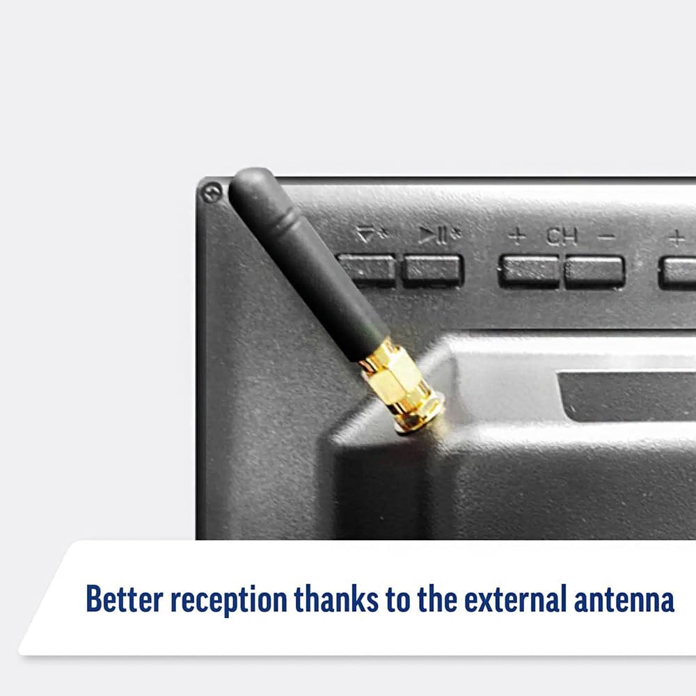 Close-up of an external antenna connected to the TV.