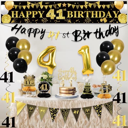 Image of 41st Birthday Decorations for Men, Black Gold 41st Party Decoration Kits | 27pcs Happy 41st Birthday Set: Banner, Honeycomb, Balloons, Gold Number, Candle, Hanging Swirls, Cake Topper, Party Supplies