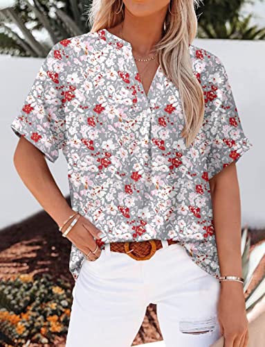Magritta Spring Holiday Short Sleeve Shirts For Women Casual Floral Print Cute Tops Petite Size Folding Cuff V Neck Blouses Gray Pink Large #TOP3