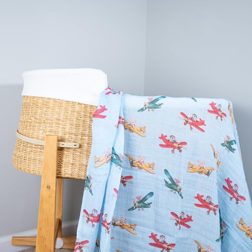 Image of LollyBanks Muslin Swaddle Blankets, 100% Cotton Breathable Baby Blanket for Boys and Girls, Soft and Lightweight 47 x 47 Inches Newborn Swaddle Wrap, Baby Essentials Must Haves (Plane and Bear Print)
