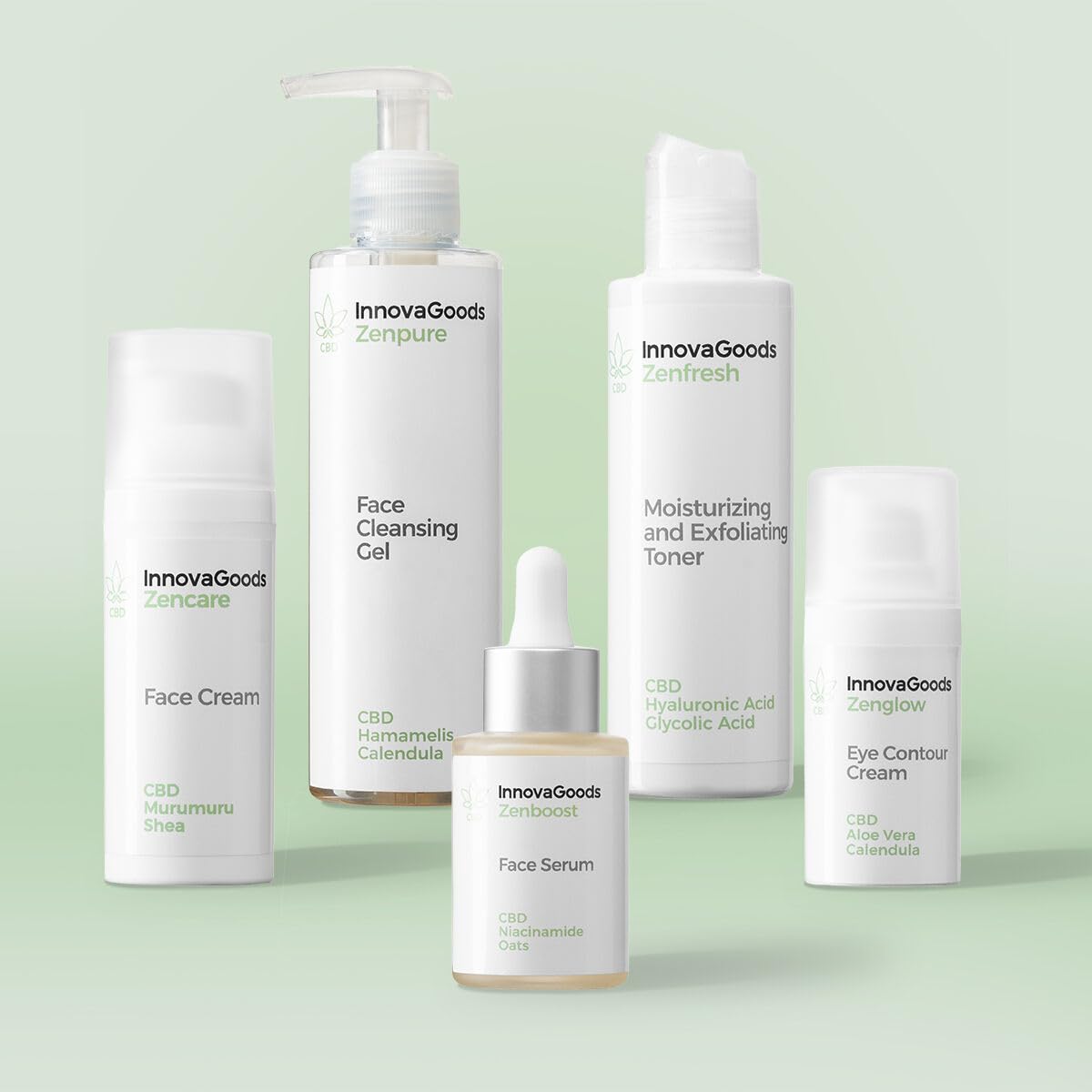 InnovaGoods® Skincare Set, 1 x Feuchtigkeitscreme, 1 x Augencreme, 1 x Gesichtsserum, 1 x Gesichtsreiniger, 1 x Gesichtsreiniger, 1 x Gesichtswasser, natürliche CBD-Inhaltsstoffe, spendet Feuchtigkeit