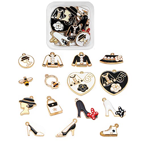 LIUCONGBD Lot de 15 breloques assorties en émail plaqué or avec boîtes, pendentifs DIY pour femme - Maquillage mélangé - Chapeau à talons hauts - Sac à main - Collier fait main - Pour la fabrication Cover