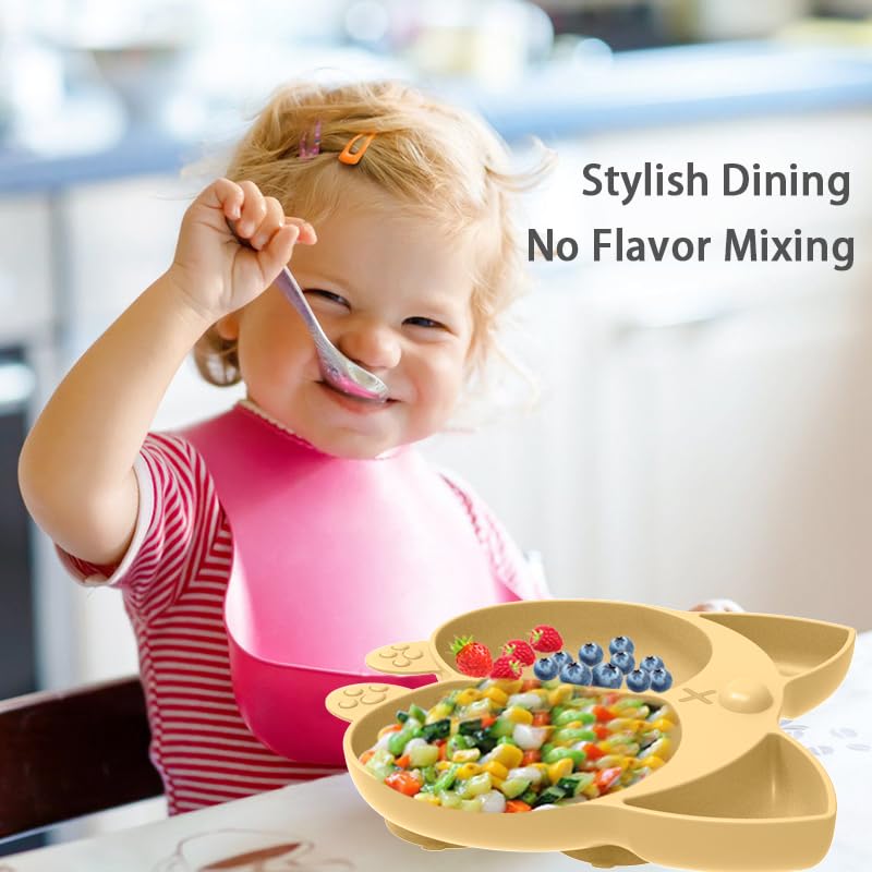 Baby Silicone Plate,Self Feeding Training Divided Plate Dish,Toddler Fun Plates?Corgi?