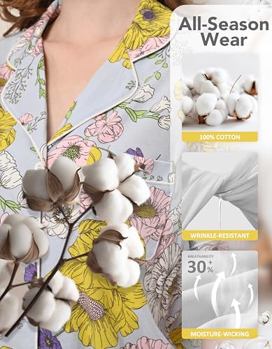 Image of NAP BOUND 100% Cotton Women's Pajama Sets Short Sleeve Button Down Soft Pjs 2 Piece Lounge Set with Pocket Nightwear XS-XXL