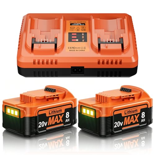 Image of 2Pack 8.0Ah Replacement for Dewalt 20v Max Battery Charger Compatible with Dewalt 20 Volt Lithium Battery DCB102 Dual Port Charger XR DCB200 DCB201 DCB203 DCB204 DCB206 DCB207 Cordless Power Tools