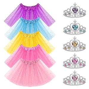 URAQT Disfraz de Princesa para Niña, 5pcs Tutu Fiesta de Baile con 5 Corona de Princesa, Cintura Elástica Layered Falda de Baile de Princesa, Disfraz de Fiesta para Danza Rendimiento Ballet 3-8 años
