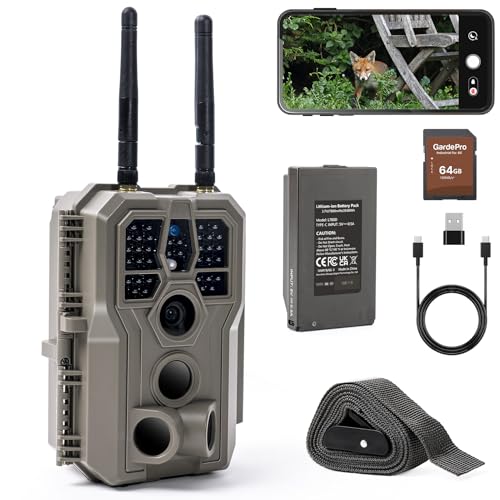 GardePro E8 2.0 Pro Caméra De Chasse Double Antenne WiFi avec Carte SD 64Go, Vidéo 4K H.264 64MP, Batterie Rechargeable 7800mAh, Vision Nocturne À 30m,...