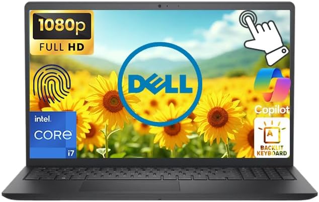Dell Touchscreen 15.6″ FHD Business Laptop Computer, Intel 10-Core i7-1355U Processor, 8GB RAM 256GB SSD, Fingerprint Reader, Backlit Keyboard, AI Copilot, Windows 11, Numeric Keypad, Carbon Black