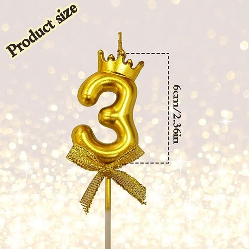 Image of 1 Pc 3 Number Candle for Birthday Cake Metallic Gold Number 3rd Birthday Cake Decoration Three Candle with Crown on Top Cake Topper 0-9 Number Candles for Anniversary (Pack of 1, Gold)