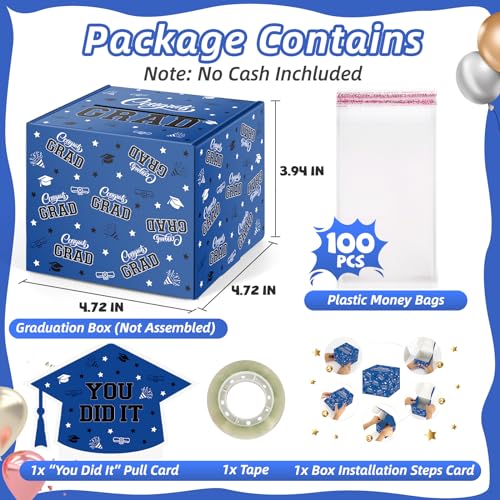 Image of WenmthG 2026 Graduation Money Box for Cash Gift Pull - Graduation Gift - 100 Pack Surprise Box Explosion Gift - DIY Grad Card Box - Graduation Party Supplies - Congrats You Did It! - Blue