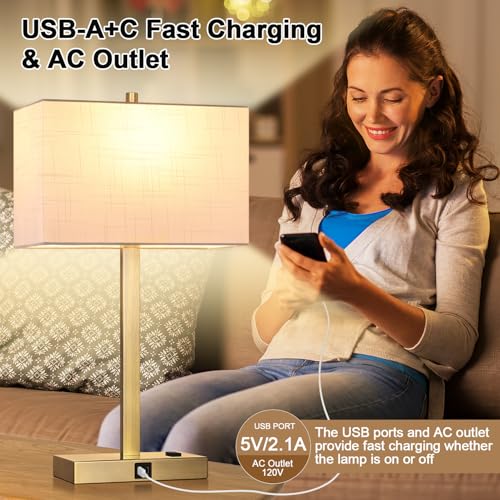 Image of 21 inch Touch Bedside lamps with 2 USB & AC Outlets, 3-Way Dimmable Bedside Table Lamps Set of 2 for Bedroom Living Room Office Reading, White Shade Lamps for Night Stands, 2700K LED Bulbs Included