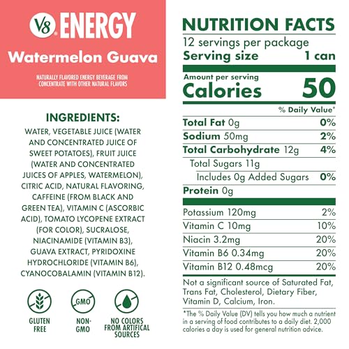 Image of V8 Energy Watermelon Guava Energy Drink, 8 fl oz Can (12 Pack)