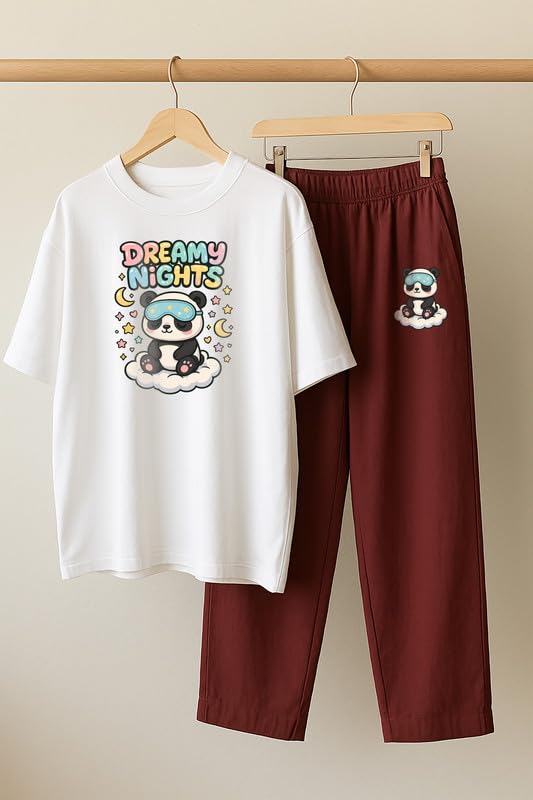 Image of My Swag Womens Cotton Nightwear Set | Dreamy Nights Printed T-Shirt with Relaxed Fit Pajama | Perfect for Sleep & Home