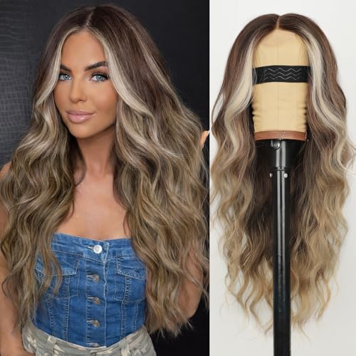 Image of AISI HAIR Brown Balayage Blonde Wig for Women, Long Wavy Lace Hairline Middle Part Synthetic Heat Resistant Wig for Daily Party-26 Inch