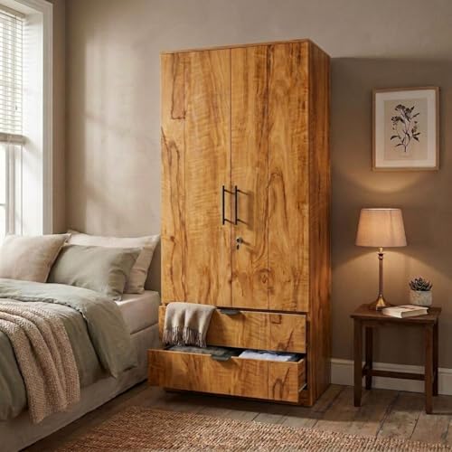 Image of FFO Keris 2 Door Wooden Wardrobe with 2 Drawers, Hanging Rod & Storage Shelves | Modern Clothes Almirah Cabinet with Lock & Black Handles for Home Coach Wood DIY.