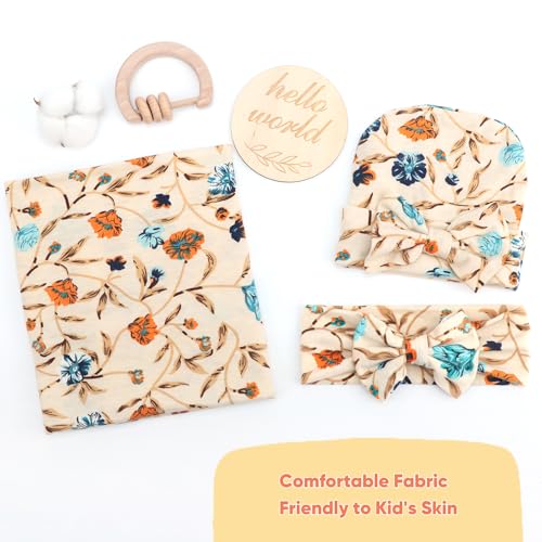 Image of DRESHOW BQUBO Baby Girl Newborn Floral Receiving Blankets with Bow Hat Headband Wooden Birth Announcement Card Set Newborn Baby Swaddling Hats Swaddle Blanket Toddler Warm Shower Gift