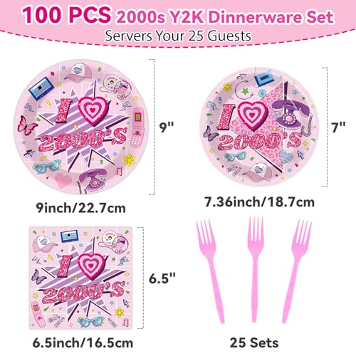 Image of Qyeahkj 100Pcs 2000s Y2K Pink Decorations Party Supplies 90s Plates Napkins Disposable 1990s Tableware Dinnerware Birthday for 90's Kids Bachelorette Favor