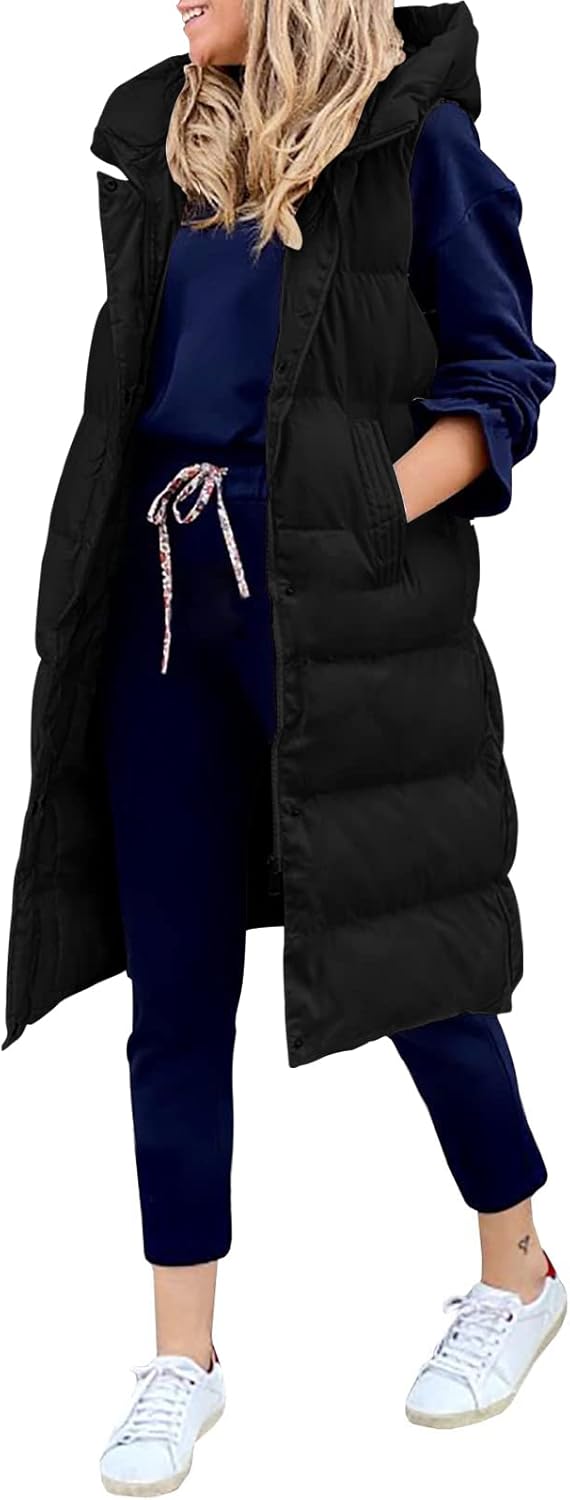 LEANI Womens 2025 Long Puffer Vest Full-Zip Hooded Sleeveless Down Jacket Coats with Pockets