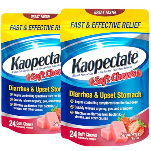 Kaopectate Diarrhea Medication for Adults 24 Count (Pack of 2) Anti Diarrhea Medicine with Bismuth Subsalicylate Stomach Relief Vacation Essentials Cruise Essentials Strawberry Soft Chews