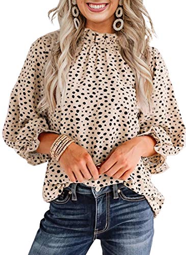 KUFV Women's Leopard Polka Dots Print Turtleneck 3/4 Long Sleeve Casual Loose Blouse Shirt Tops