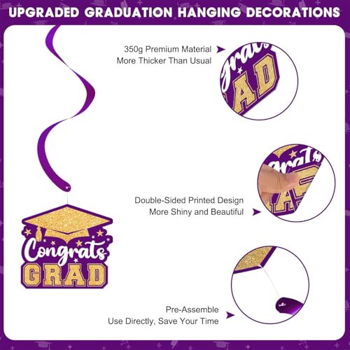 20 Pack Graduation Party Decorations 2026 - Congrats Grad Hanging Decor, Purple Gold Glittery Graduations Hanging Swirls Ceiling Streamers Ornaments for Class of 2026 Graduation Decorations Favors — view 5