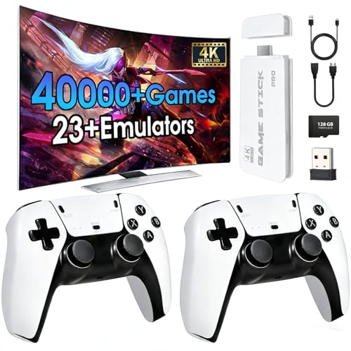 2026 New Wireless Retro Game Console, 23 Emulators and 40000+Games, with Dual 2.4G Wireless Controllers Plug and Play 4K HDMI TV Game Stick (128G) White