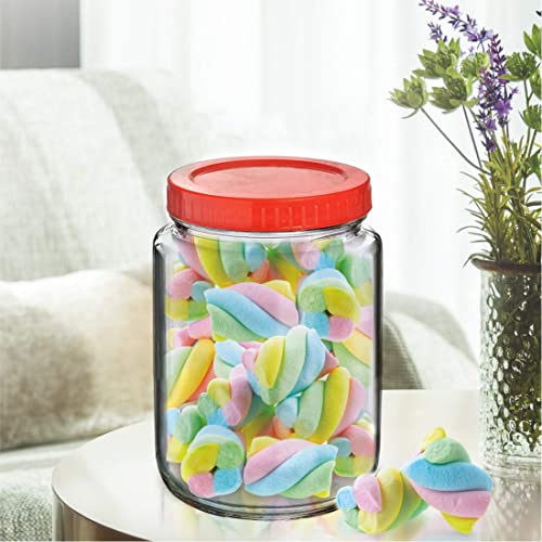 Image of Brezzycloud Piraml Glass Round Shape Transparent Glass Jars & Containers for Kitchen Pantry, Snacks, Dry Fruits, Coffee Beans Storage 1kg glassjar with Red Color Plastic Lid (Set Of 4) (1000ml, round)
