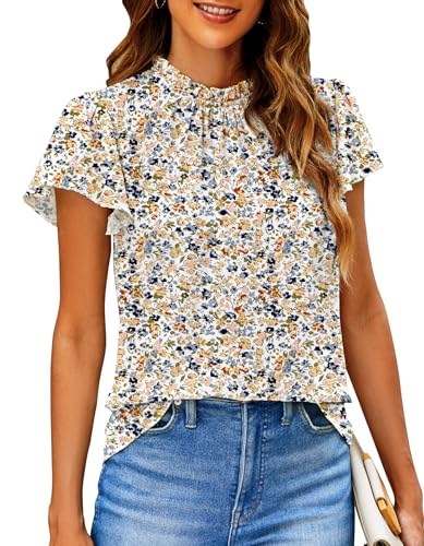 SimpleFun Short Sleeve Tops for Women Boho Floral Printed Chiffon Blouse with Ruffles Green L