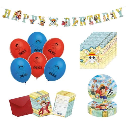 Chaks - Set officiel One Piece pour enfants, assiettes, serviettes, ballons, invitations et guirlandes, décoration d'anniversaire anime