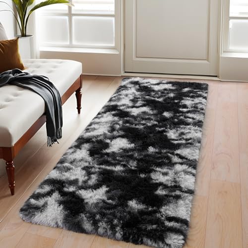 KING DARE Black and White Runner Rug 2x6, Bedroom Shag Runner Rug Bedside Non-Slip Soft Fluffy Carpet for Dorm Hallways Entryway Kids Room, Modern Home Decor Aesthetic