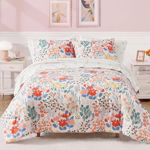 Image of BLOOMHAVEN Full Size Comforter Set for Girls, 7 Pieces Pink Botanical Floral Bedding Set, All Seasons Kids Bed in a Bag with Sheets, Pillowcases & Shams